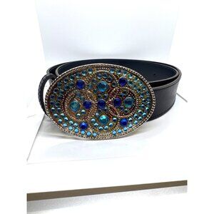Blue Rhinestone Statement Oval Buckle Western Style Belt Black Faux Leather  40"